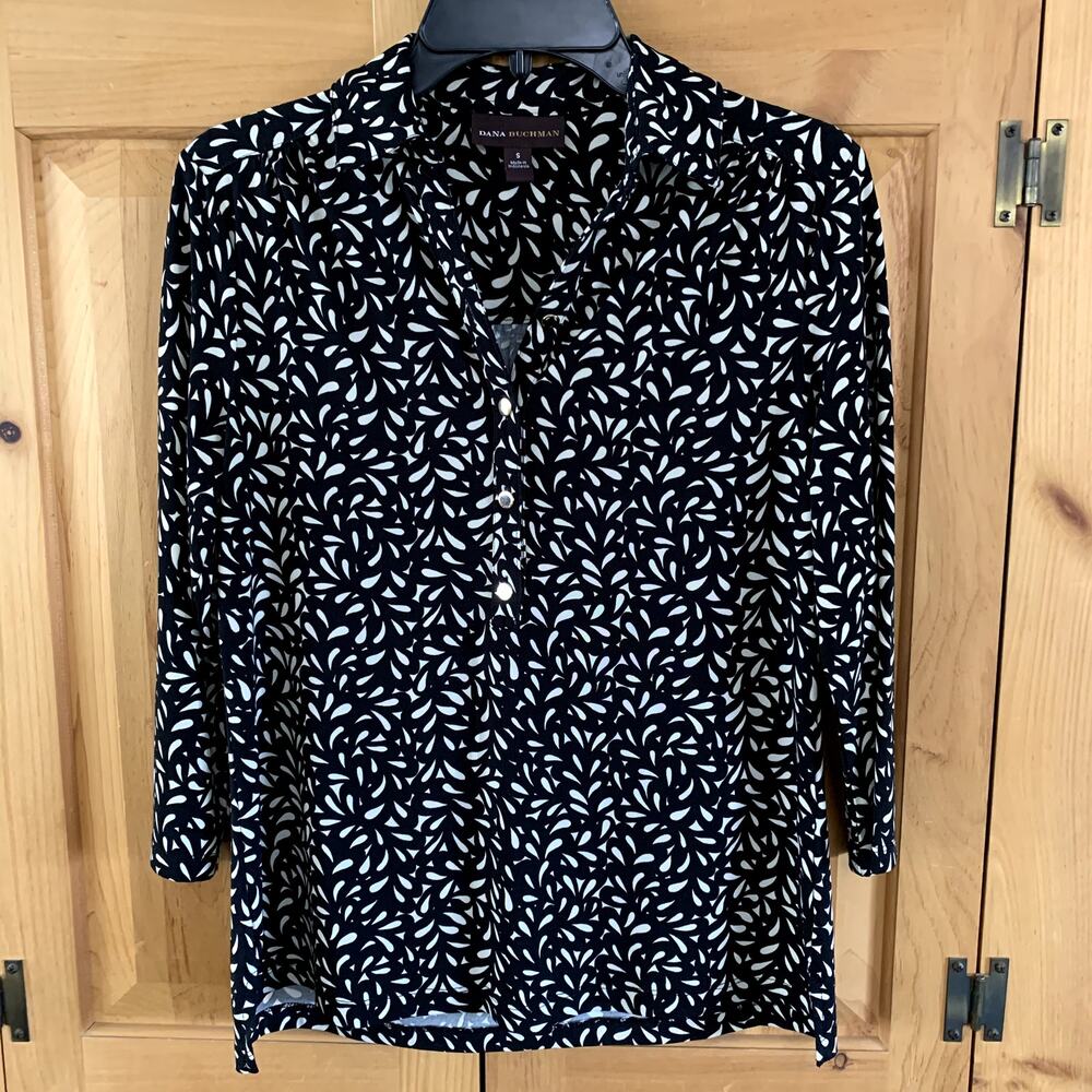 Dana Buchman Popover Black Print Stretch Top Size S